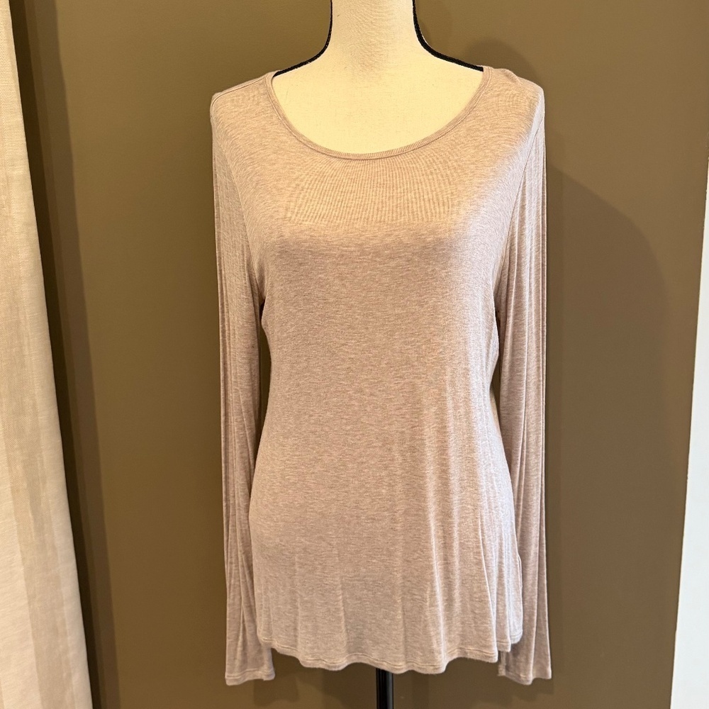 WHBM Tan Scoop Neck Long Sleeve Top Lightweight Neutral, Size Large